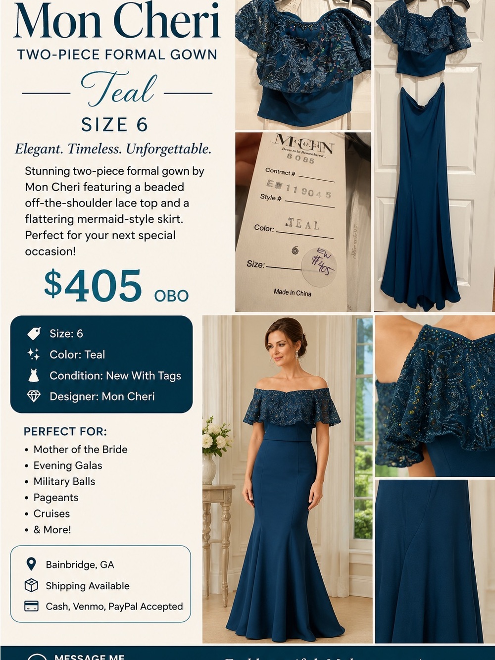 Mon Cheri Teal Off-the-Shoulder Two-Piece Mermaid Gown